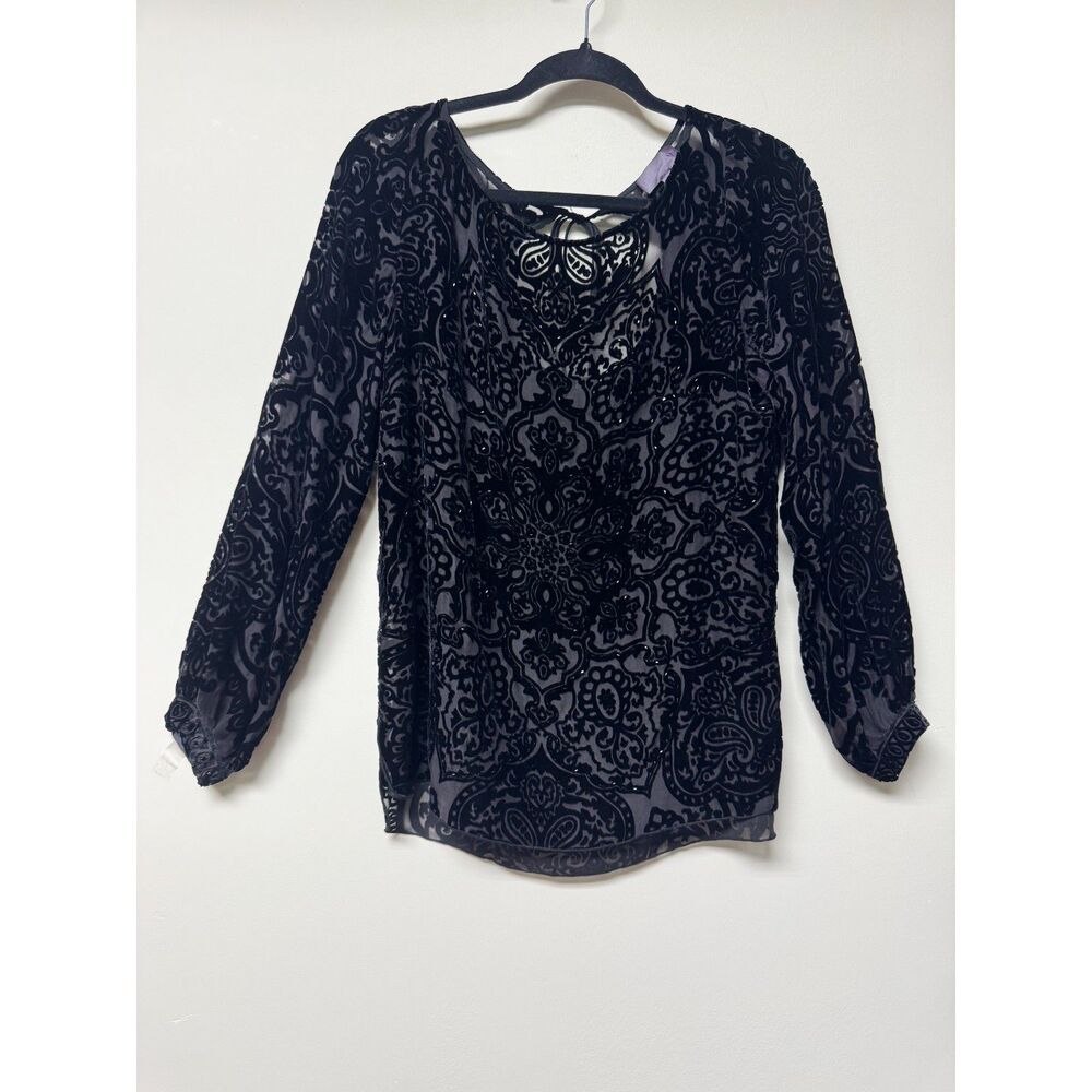 HALE BOB Silk Blend Velvet Sheer L/S Blouse Keyhole Back, Sz S